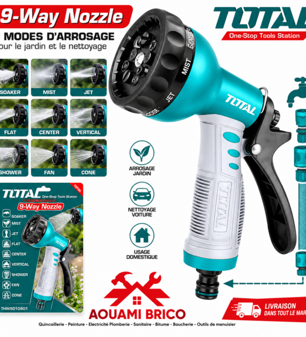 Pistolet d’arrosage TOTAL 9 modes – usage jardin et nettoyage