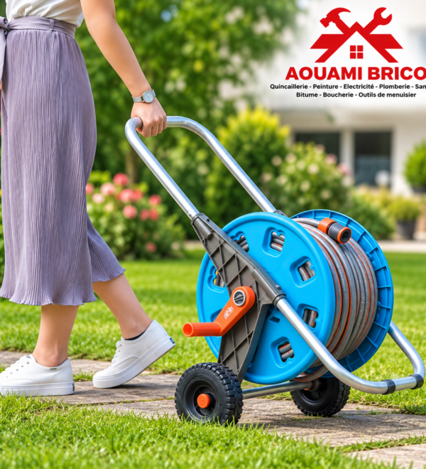 Dévidoir de jardin avec tuyau d’arrosage – structure métal