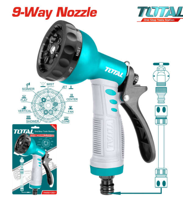Pistolet d’arrosage TOTAL 9 modes – usage jardin et nettoyage
