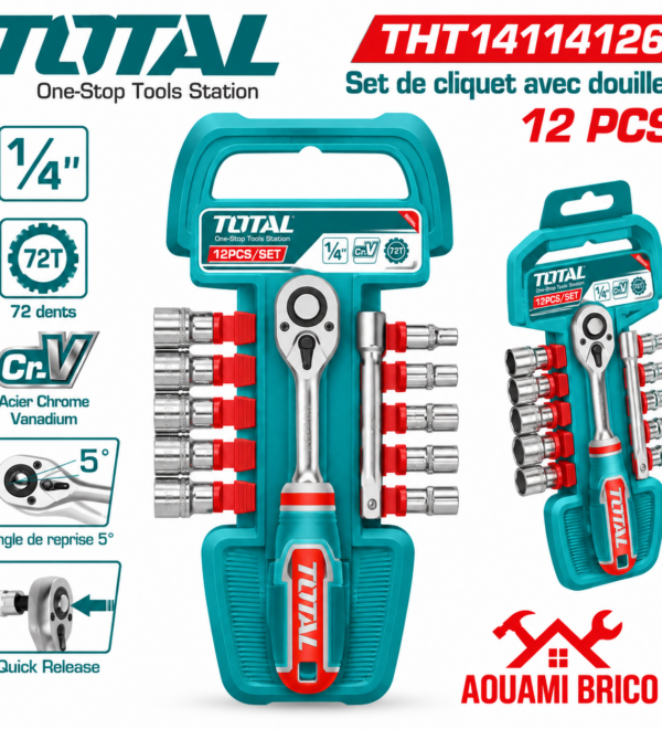 Coffret de Cliquet TOTAL 1/4" avec Douilles – 12 Pièces