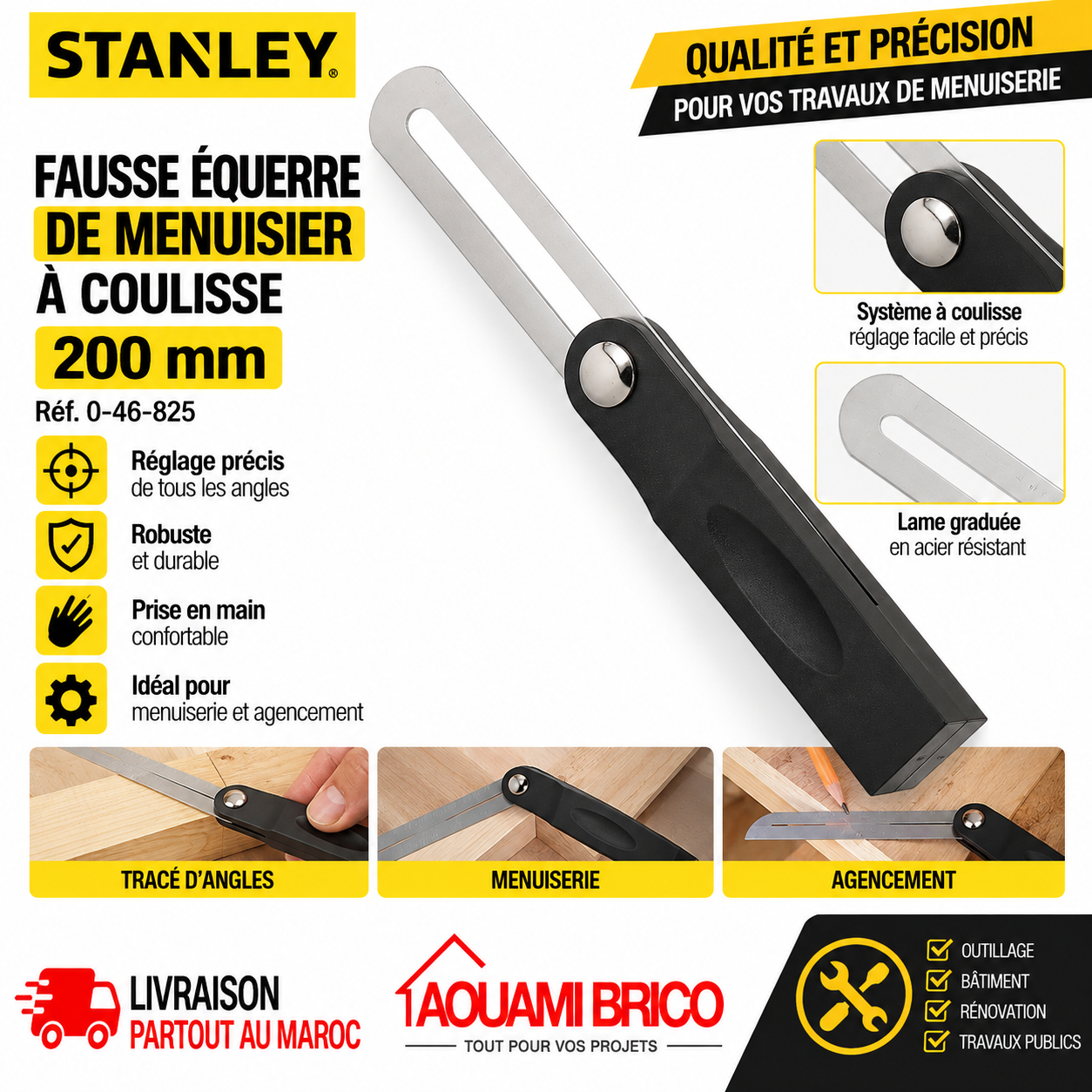 Fausse Équerre de Menuisier STANLEY H1225 – 200 mm, Lame Réglable