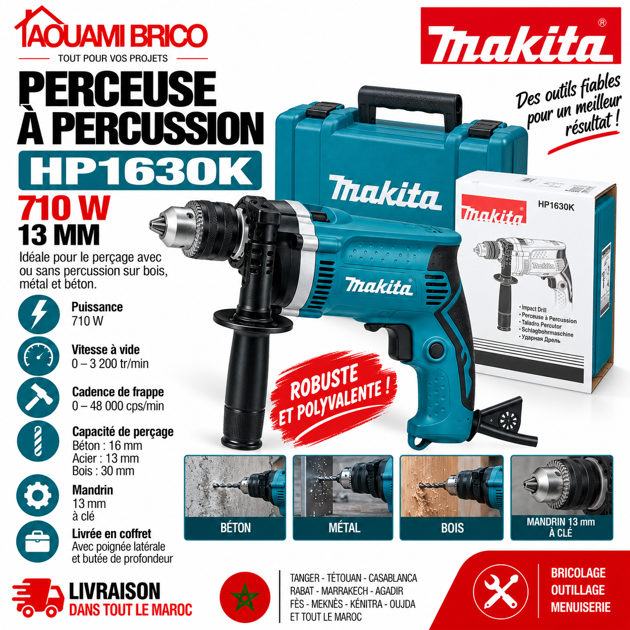 Perceuse à Percussion Makita HP1630K – 710W, Mandrin 16 mm