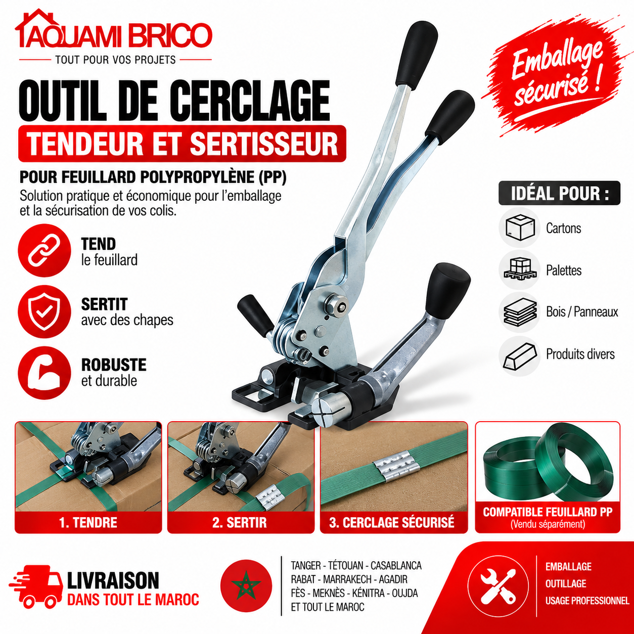 Combiné Manuel Tendeur Sertisseur pour Feuillard Polypropylène – Outil de Cerclage