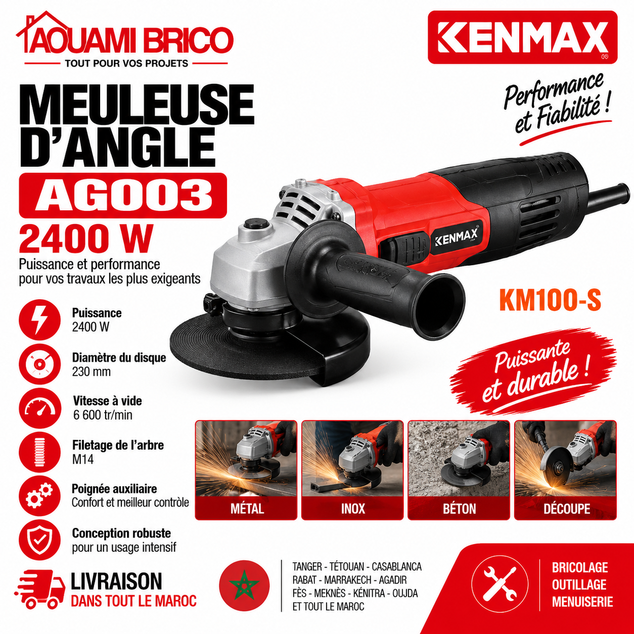 Meuleuse d’Angle Makute AG003 – 2400W, Disque 230 mm