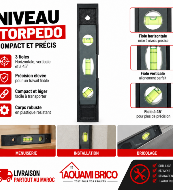 Niveau à Bulle Torpedo Compact – 3 Fioles Horizontal, Vertical & 45°