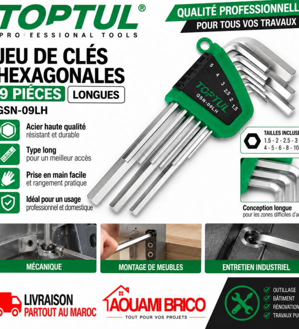 Jeu de 9 Clés Allen Longues TOPTUL GSN-09LH – 1,5 à 10 mm, Acier S2