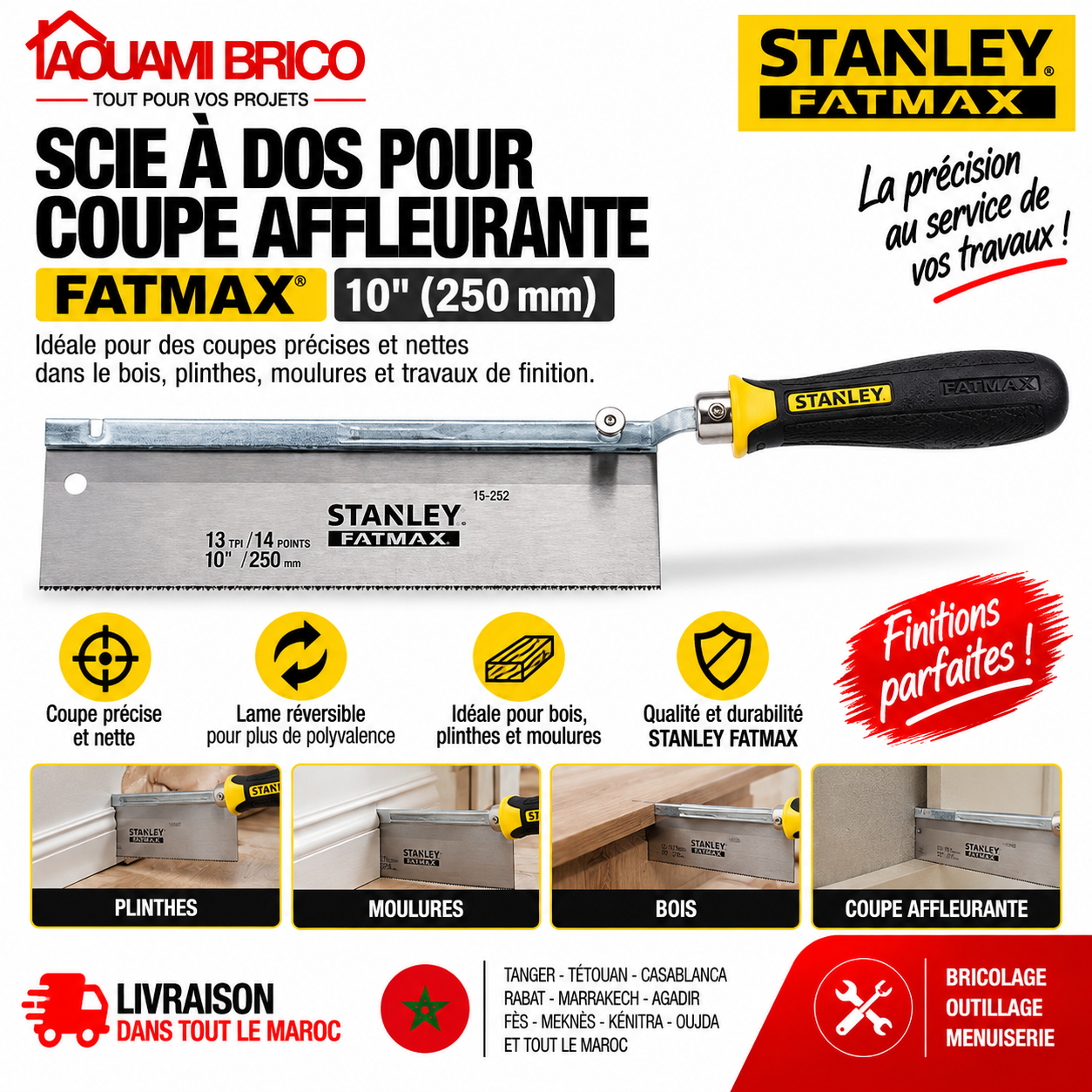 Scie Égoïne Stanley TRADECUT – 380 mm & 500 mm pour Bois