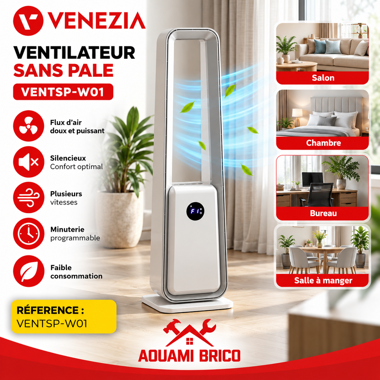 Ventilateur Colonne Sans Pales VENEZIA avec Écran Digital