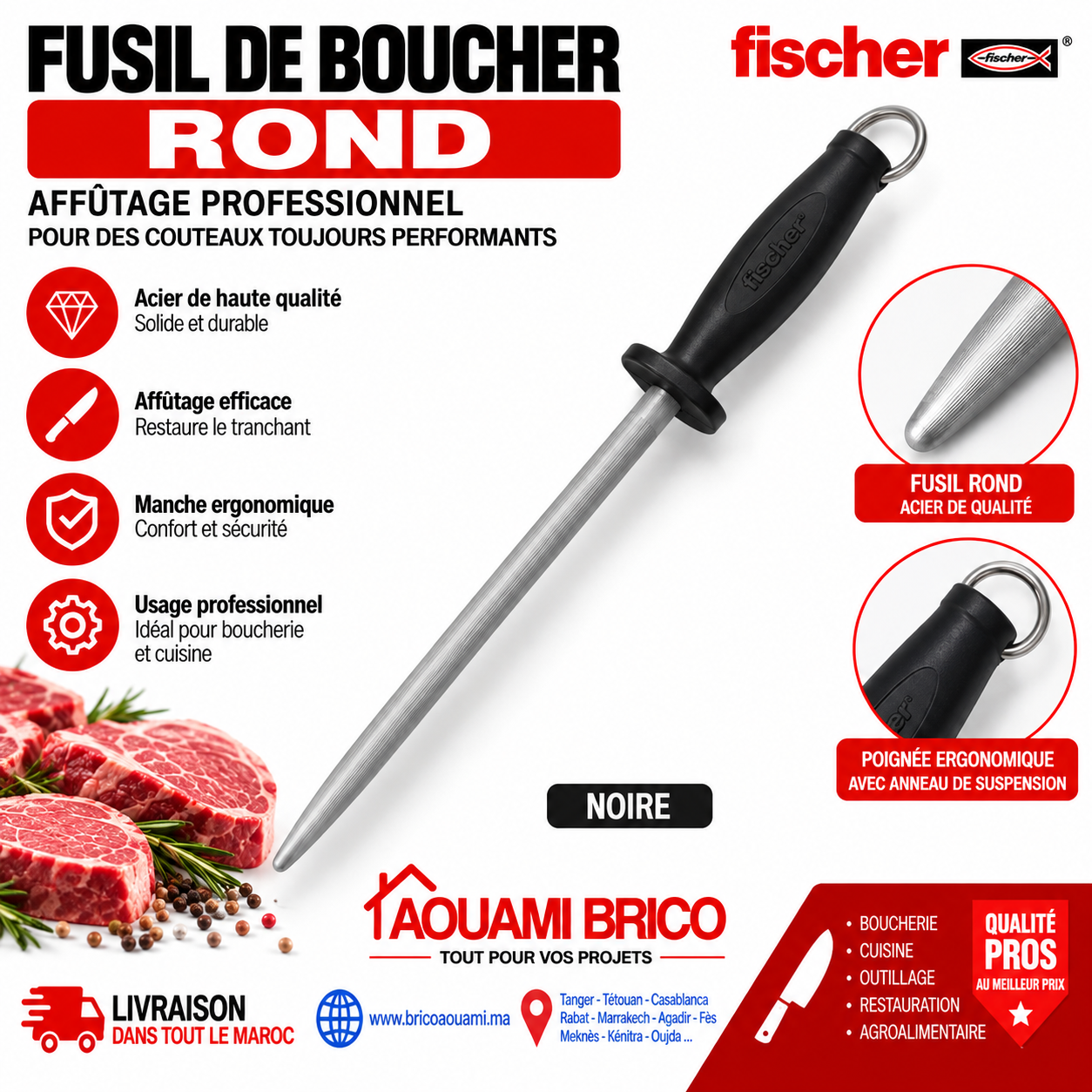 Fusil de Boucher Rond Fischer – Manche Noir Professionnel