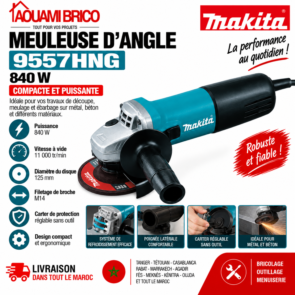 Meuleuse d’Angle Makita 9557HNG – 840W, Disque 115 mm