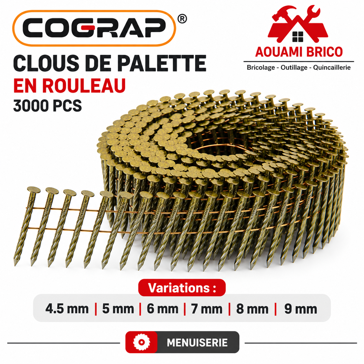 Clous en rouleau pour palettes Cograp – 4,5 mm, 5 mm et 7 mm – 3000 pièces