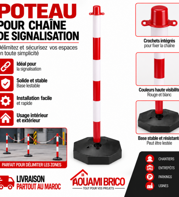 Poteau de Signalisation Rouge & Blanc – Support pour Chaîne de Balisage avec Base Stable