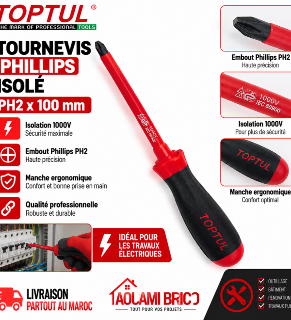 Tournevis Phillips Isolé VDE TOPTUL FBEB0210 – PH2 × 100 mm, 1000V