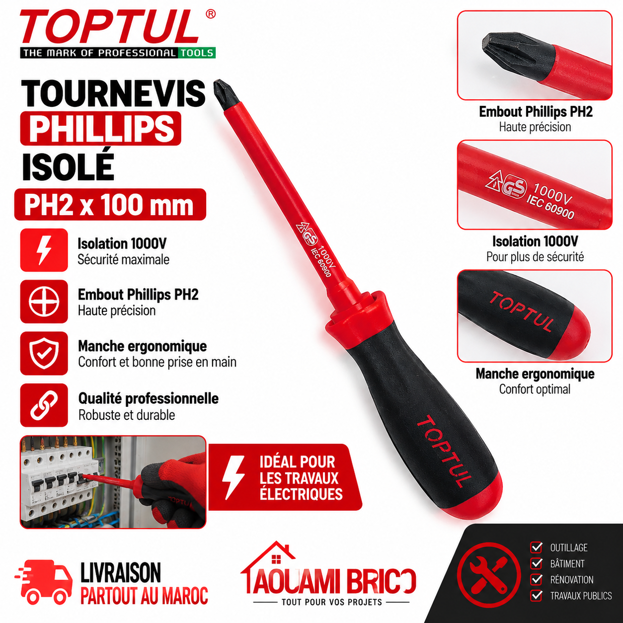 Tournevis Phillips Isolé VDE TOPTUL FBEB0210 – PH2 × 100 mm, 1000V