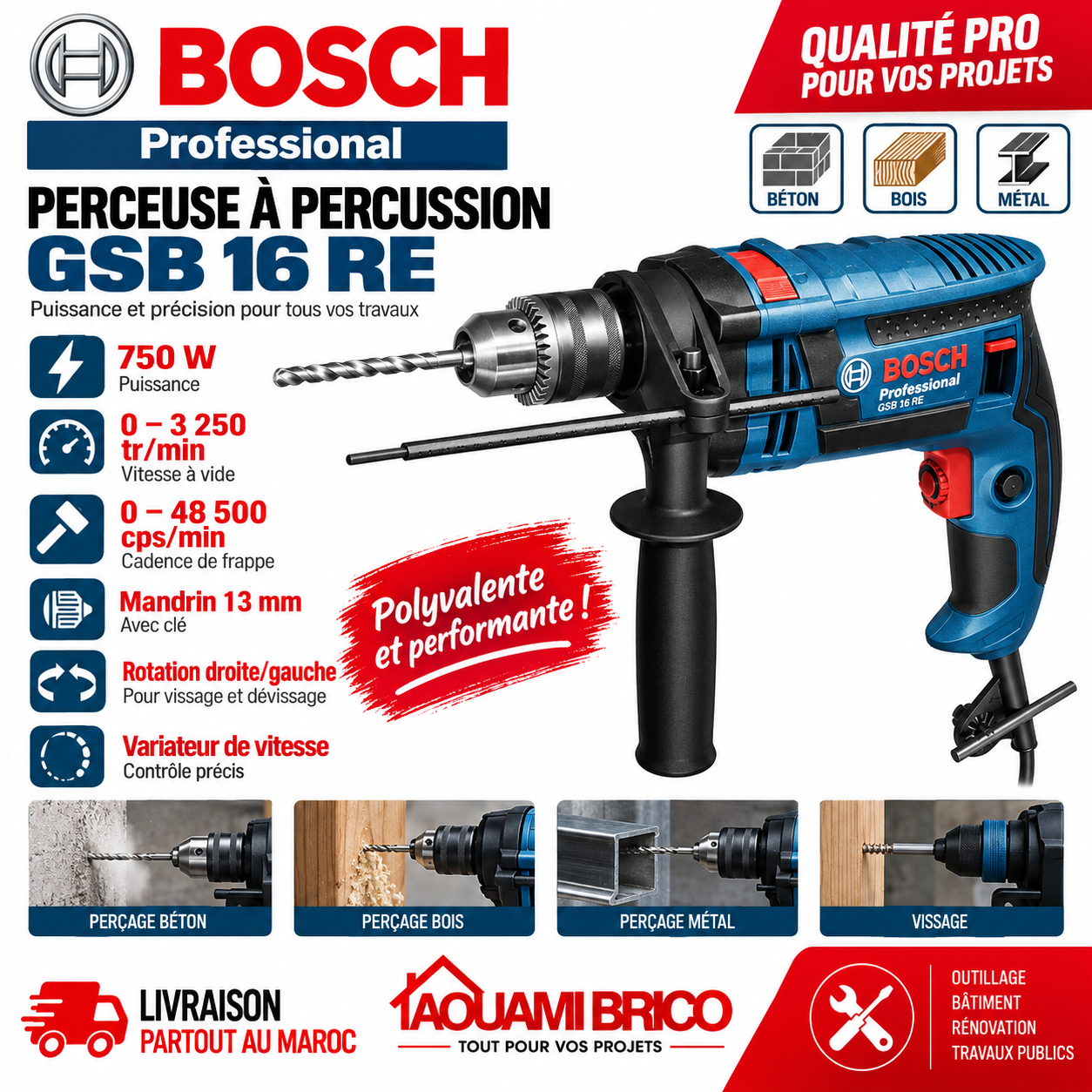 Perceuse à Percussion Bosch Professional GSB 16 RE – 750W, Mandrin 13 mm
