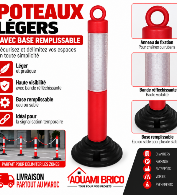 Poteau Léger de Signalisation Rouge avec Base Remplissable – Pour Chaîne de Balisage