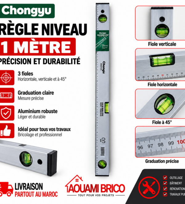 Règle Niveau à Bulle 1 Mètre – 1000 mm avec Graduation de Mesure