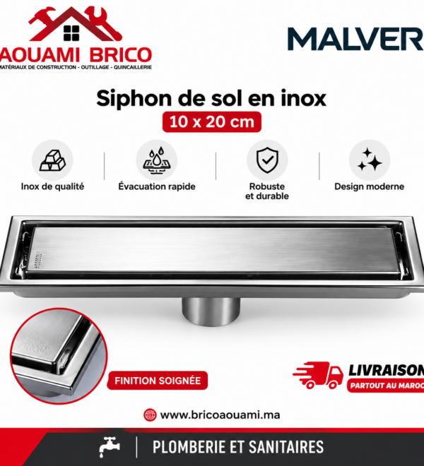 Caniveau de Douche Inox MALVER 10 × 20 cm – Siphon de Sol Rectangulaire pour Salle de Bain