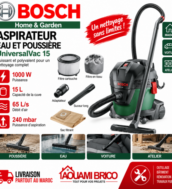 Aspirateur Eau et Poussière Bosch UniversalVac 15 – 1000W, Cuve 15L