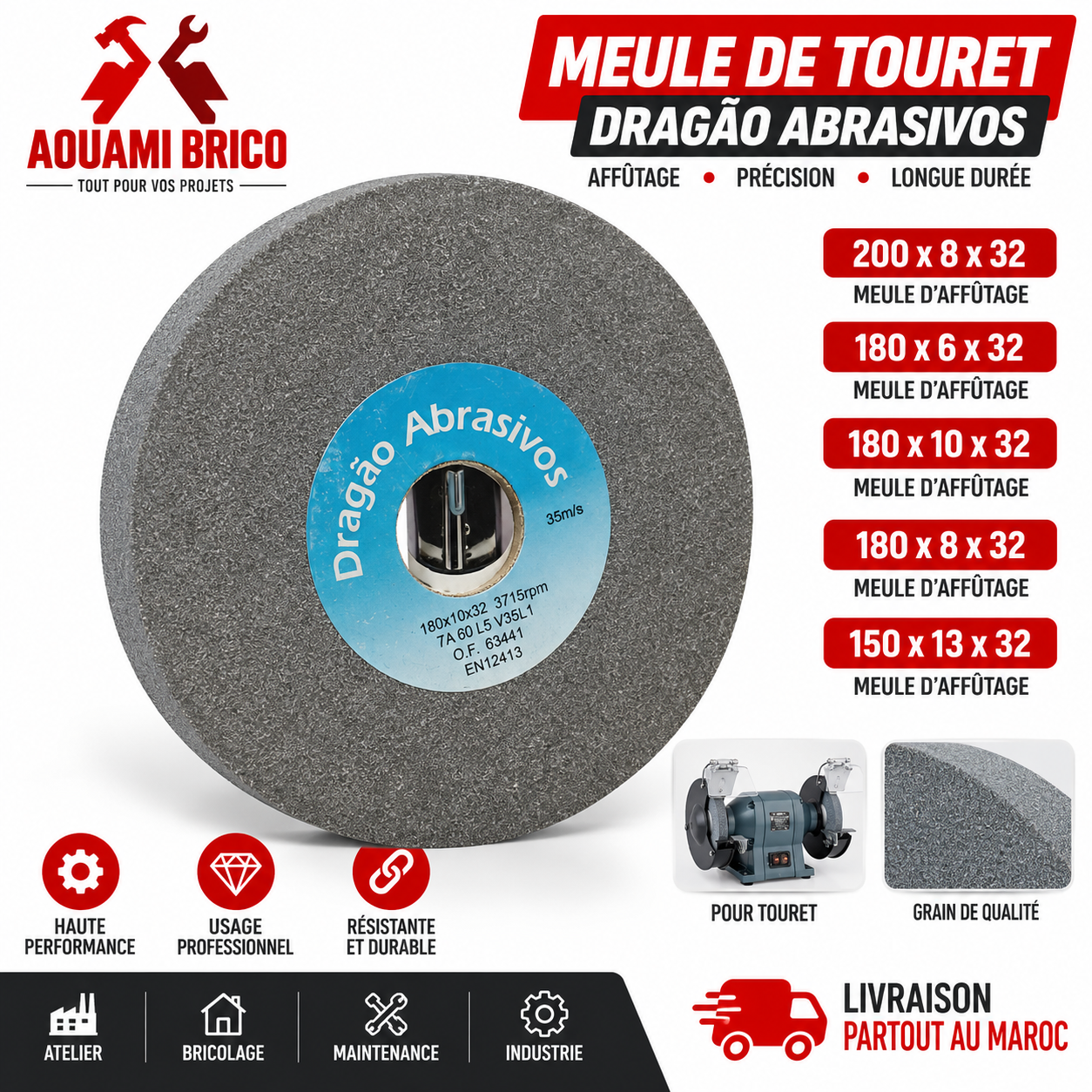 Meule d’Affûtage pour Touret DRAGAO – Ø150, Ø180 & Ø200 mm