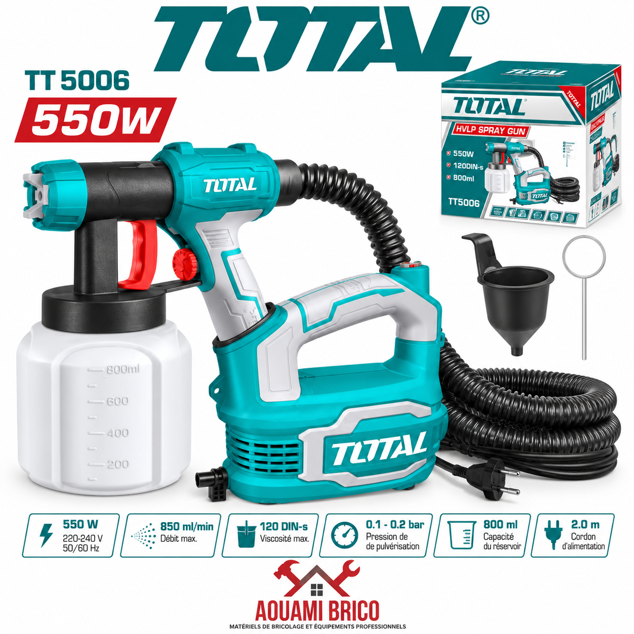 Pistolet à Peinture Électrique TOTAL – 450 W & Système HVLP 550 W, Réservoir 800 ml