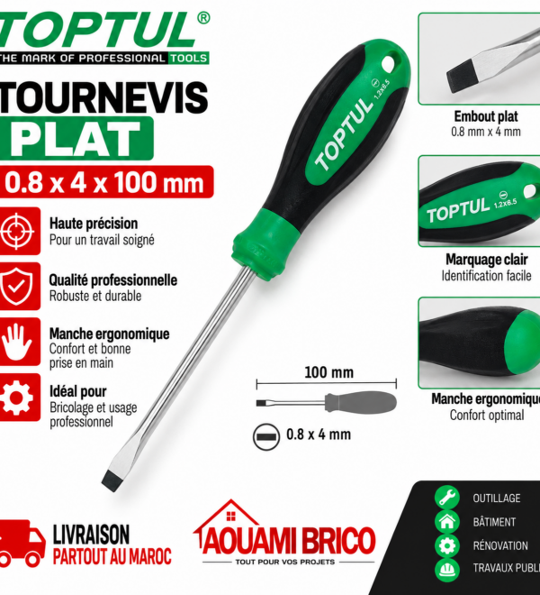 Tournevis Plat TOPTUL FAAB0410 – 0,8 × 4 × 100 mm, Pointe Magnétique