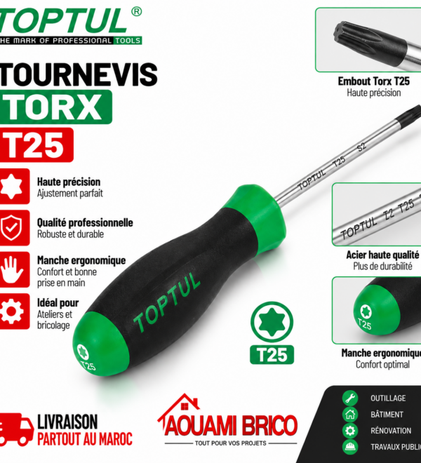 Tournevis Plat Court TOPTUL FABB5E03 – 5,5 × 25 mm, Pointe Magnétique
