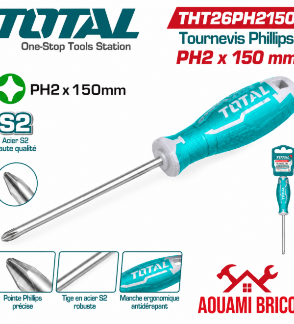 Tournevis Cruciforme TOTAL PH2 × 150 mm – Acier S2
