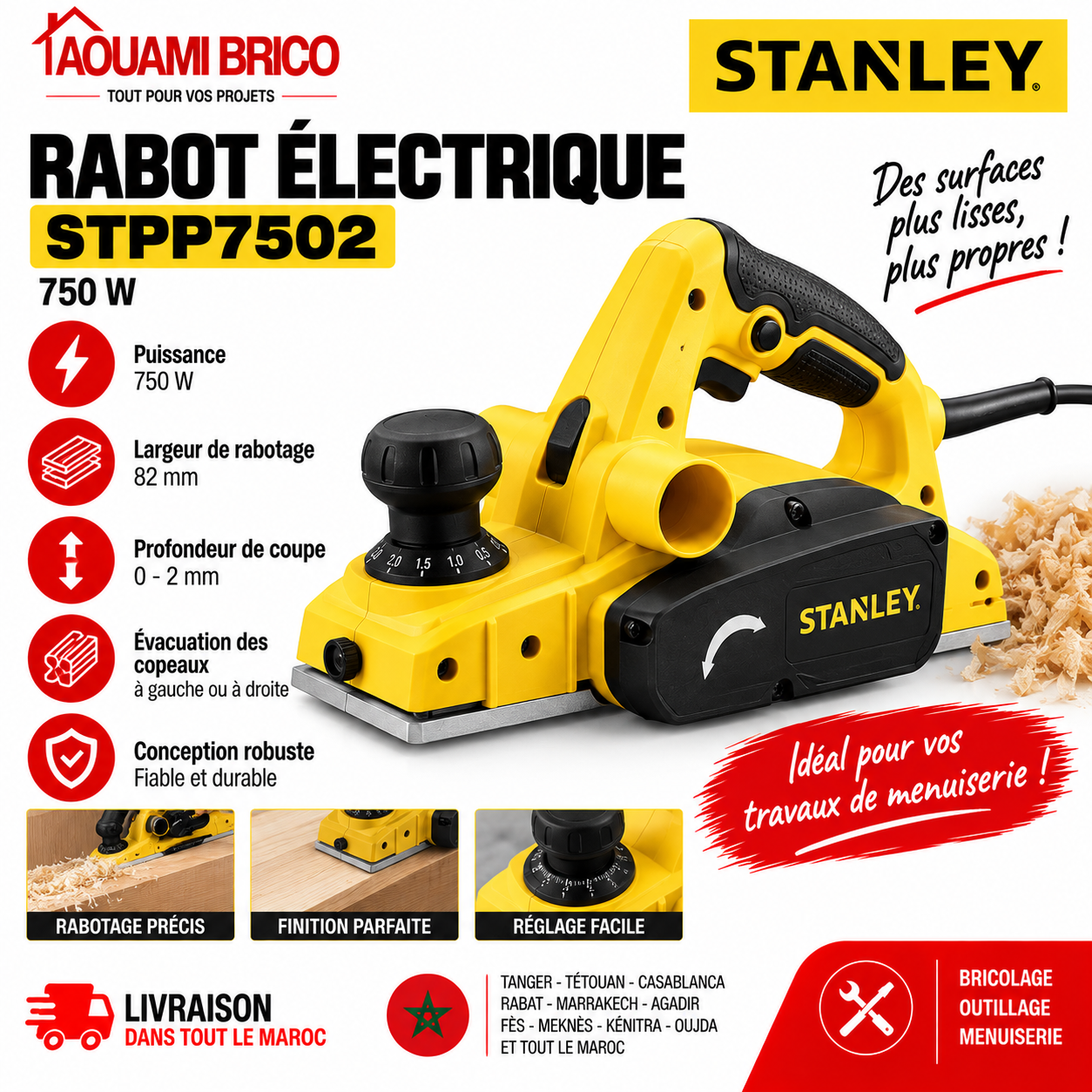 Rabot Électrique Stanley STPP7502 – 750W, Coupe 82 mm