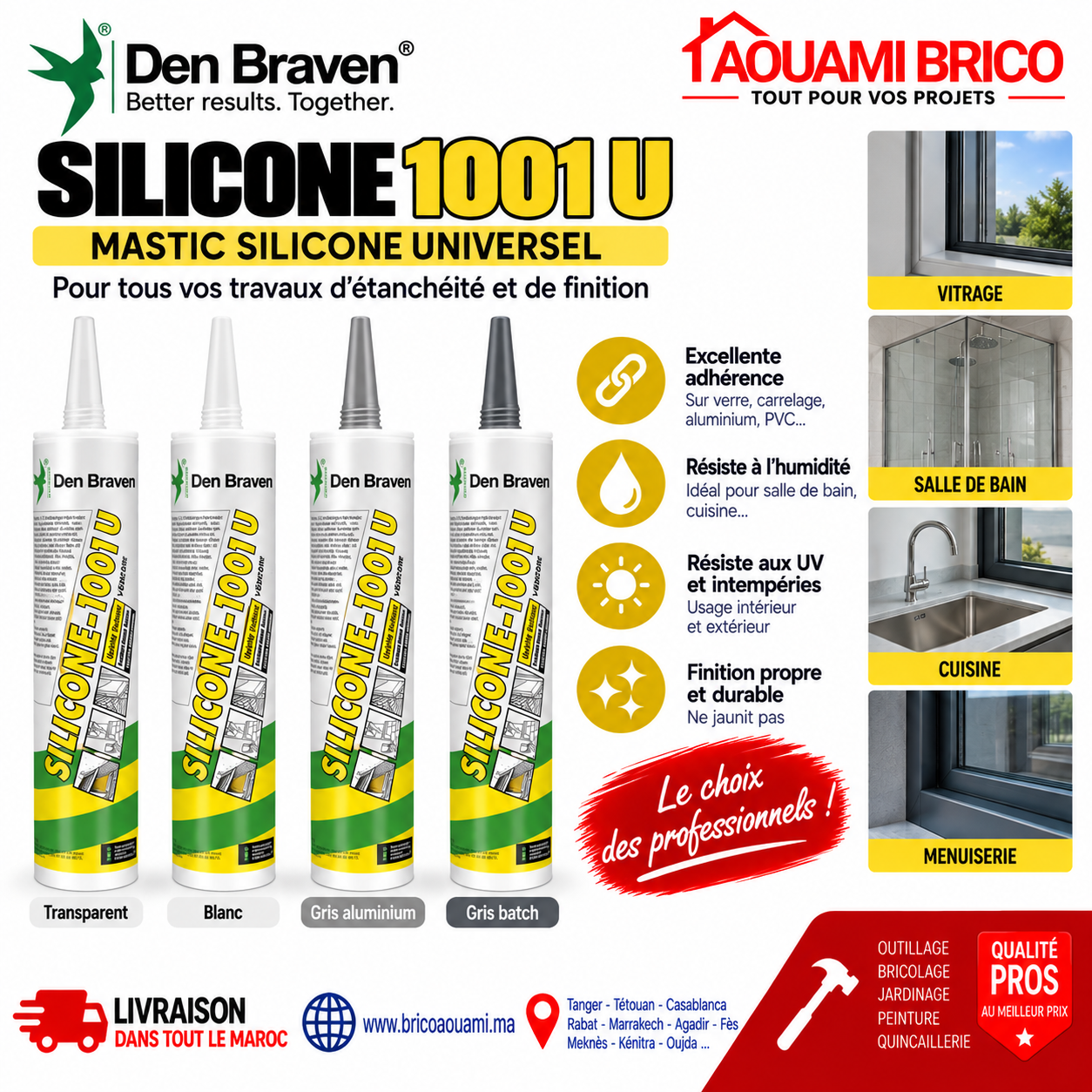 Mastic Silicone Den Braven 1001U 280 ml – 4 Couleurs Disponibles