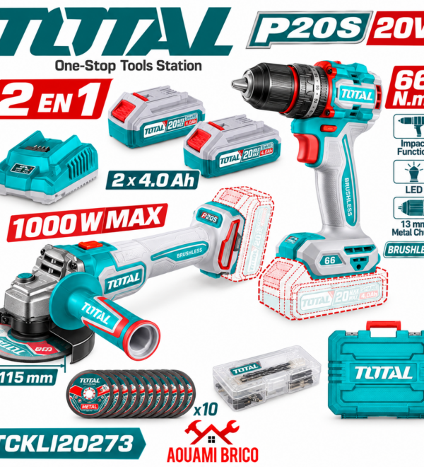 Kit TOTAL 20 V Brushless – Perceuse à Percussion 66 Nm & Meuleuse 115 mm
