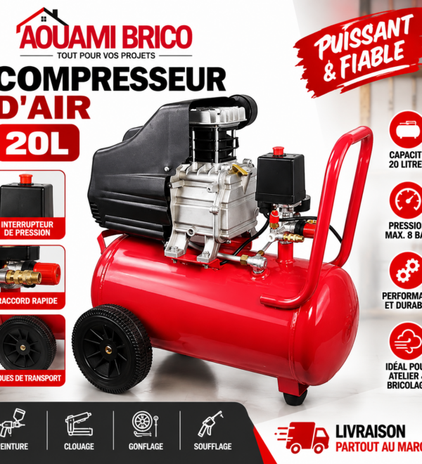 Compresseur d’Air 20 L Mobile – Cuve Horizontale avec Roues