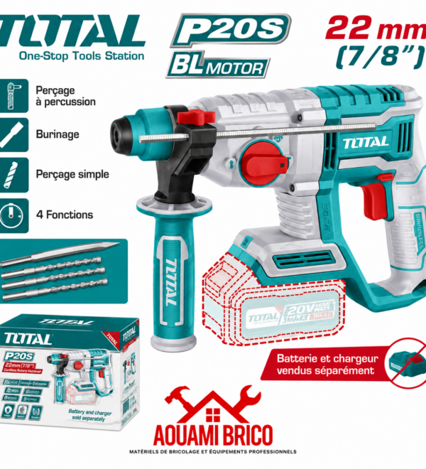 Marteau Perforateur Sans Fil TOTAL 20 V – 2 J, SDS Plus, 1100 tr/min TRHLI20208