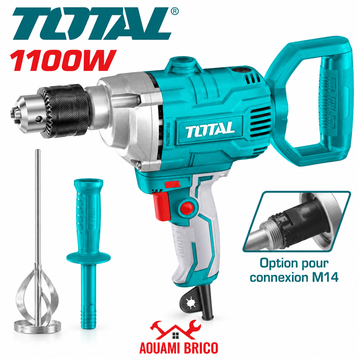 Malaxeur Mélangeur Électrique TOTAL 1100 W – Peinture, Enduit & Mortier – Mandrin 16 mm TD61106