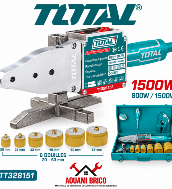 Machine à Souder PPR TOTAL 1500 W – Thermofusion Tuyaux Plastique 20 à 63 mm avec 6 Matrices & Coffret TT328151