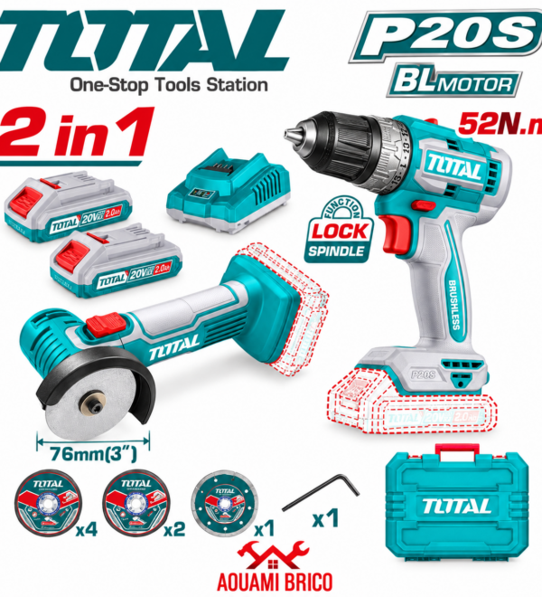 Kit TOTAL 20 V – Perceuse Brushless & Mini Meuleuse 76 mm