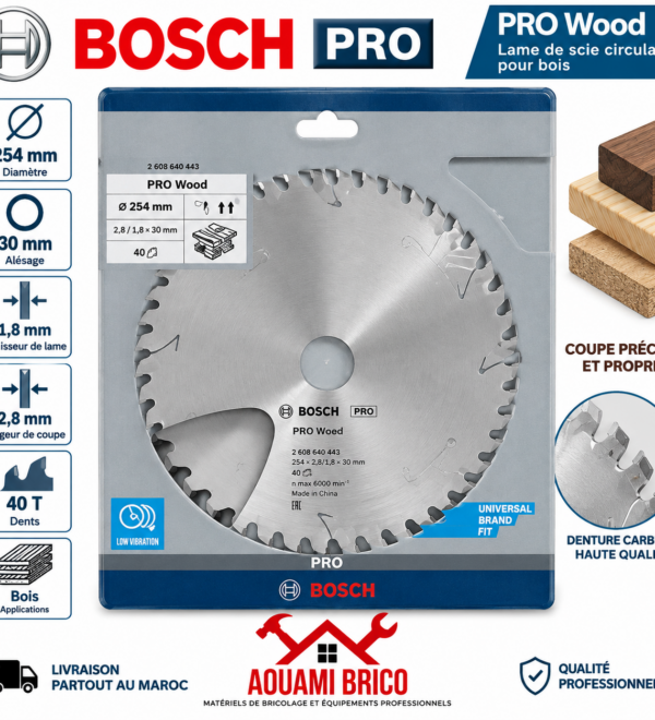 Lame de Scie Circulaire BOSCH PRO Wood 254 mm 40 Dents – Carbure pour Bois, Alésage 30 mm – 2608640443