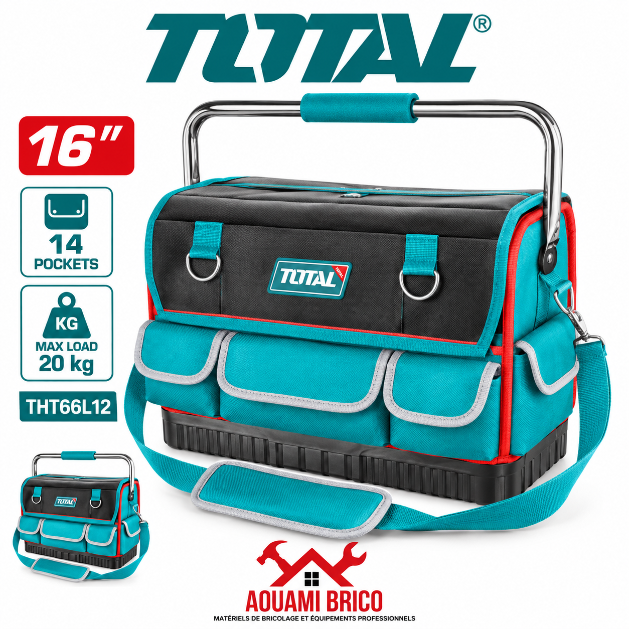 Sac à Outils Professionnel TOTAL 16" – 14 Poches, Base Renforcée & Charge 20 kg THT66L12