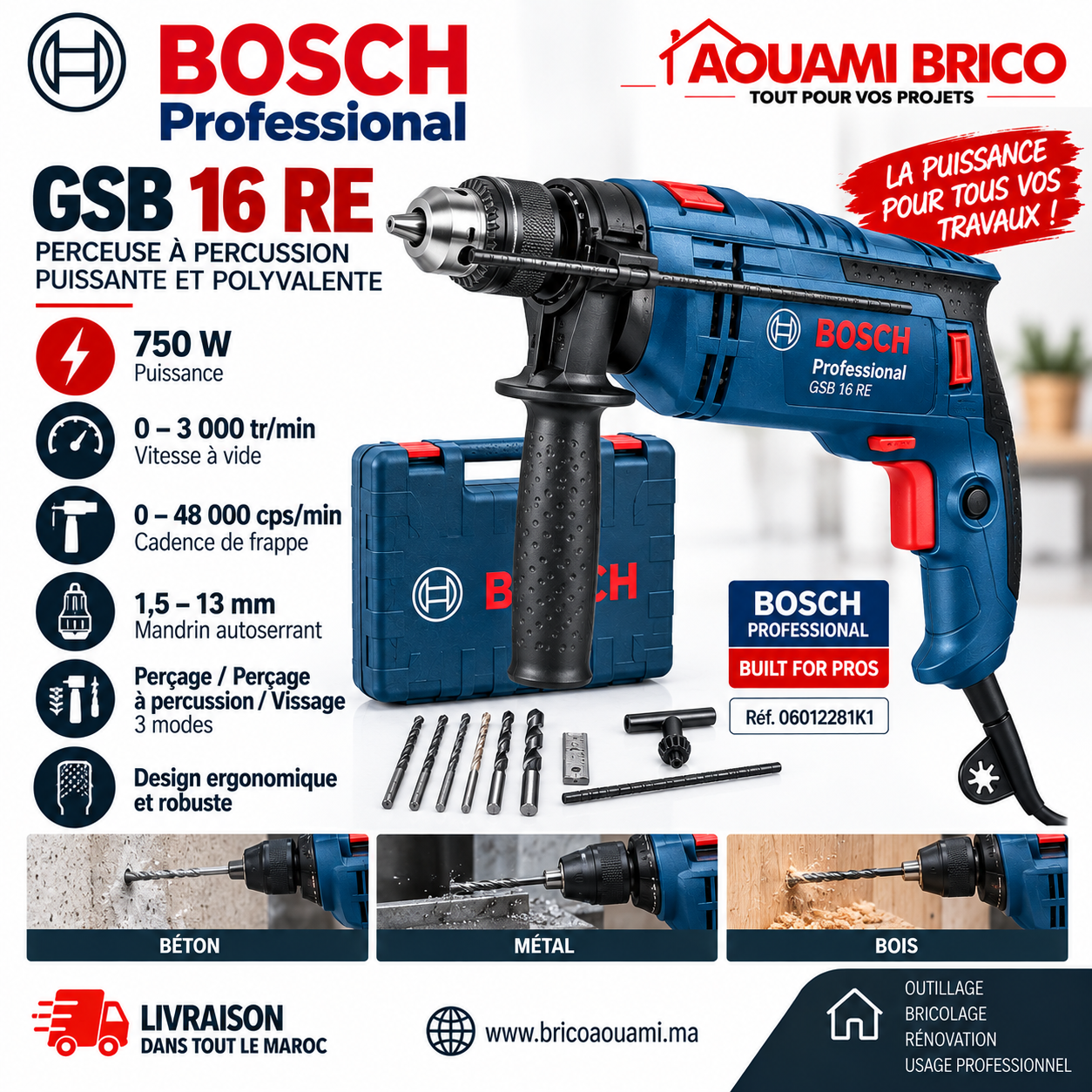 Perceuse à Percussion Bosch Professional GSB 16 RE – 750W