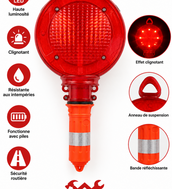 Lampe Clignotante LED de Sécurité Routière – Feu de Signalisation Rouge