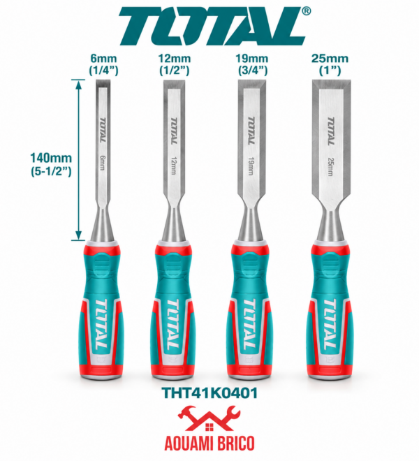 Jeu de 4 Ciseaux à Bois TOTAL Cr-V – 6, 12, 19 & 25 mm