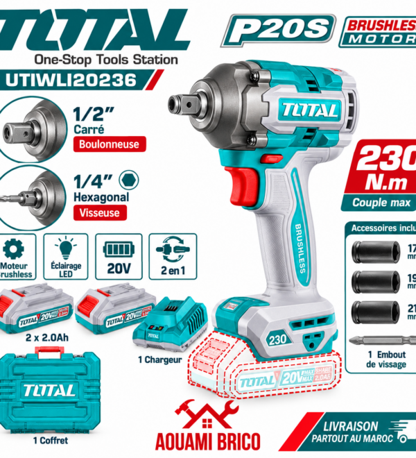 Clé à Chocs & Visseuse à Chocs TOTAL 20 V Brushless 230 Nm – 2 Batteries