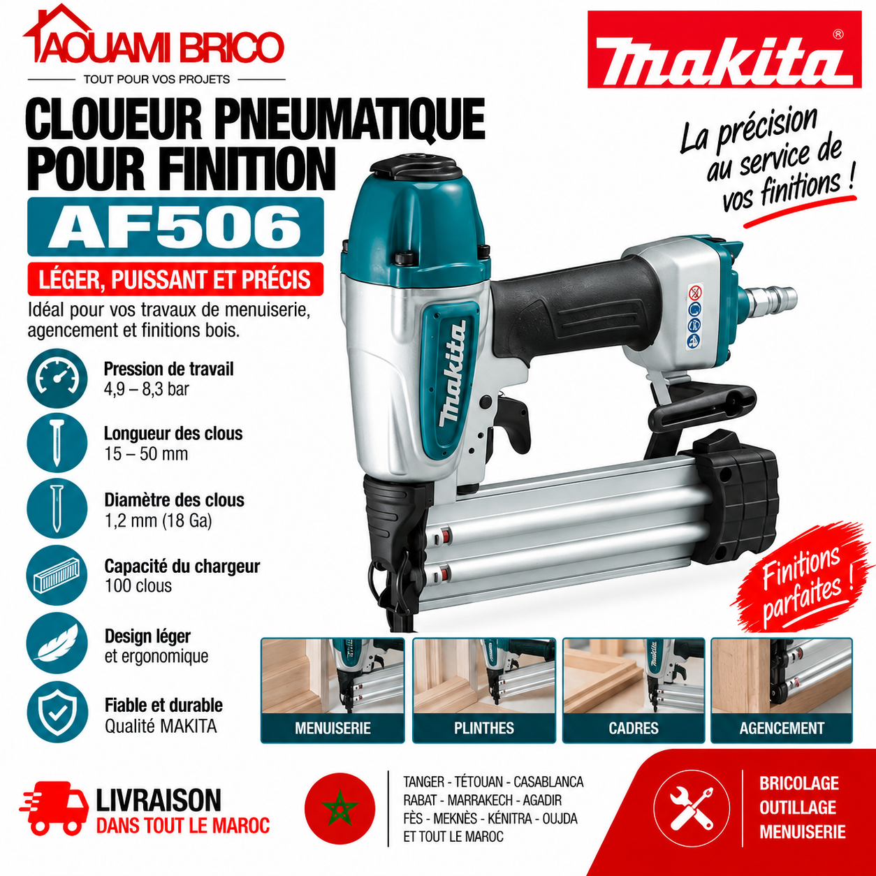 Cloueur Pneumatique Makita AF506 – Pointes 15 à 50 mm, 18 Ga