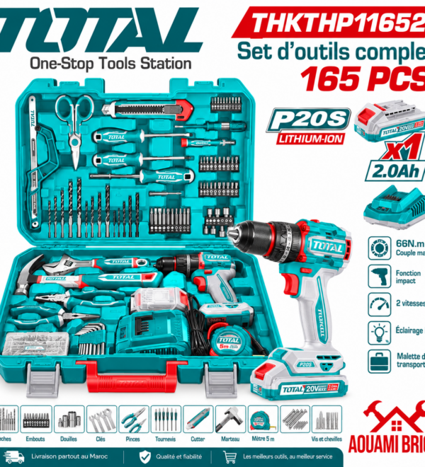 Coffret d’Outils TOTAL 165 Pièces avec Perceuse à Percussion 20 V