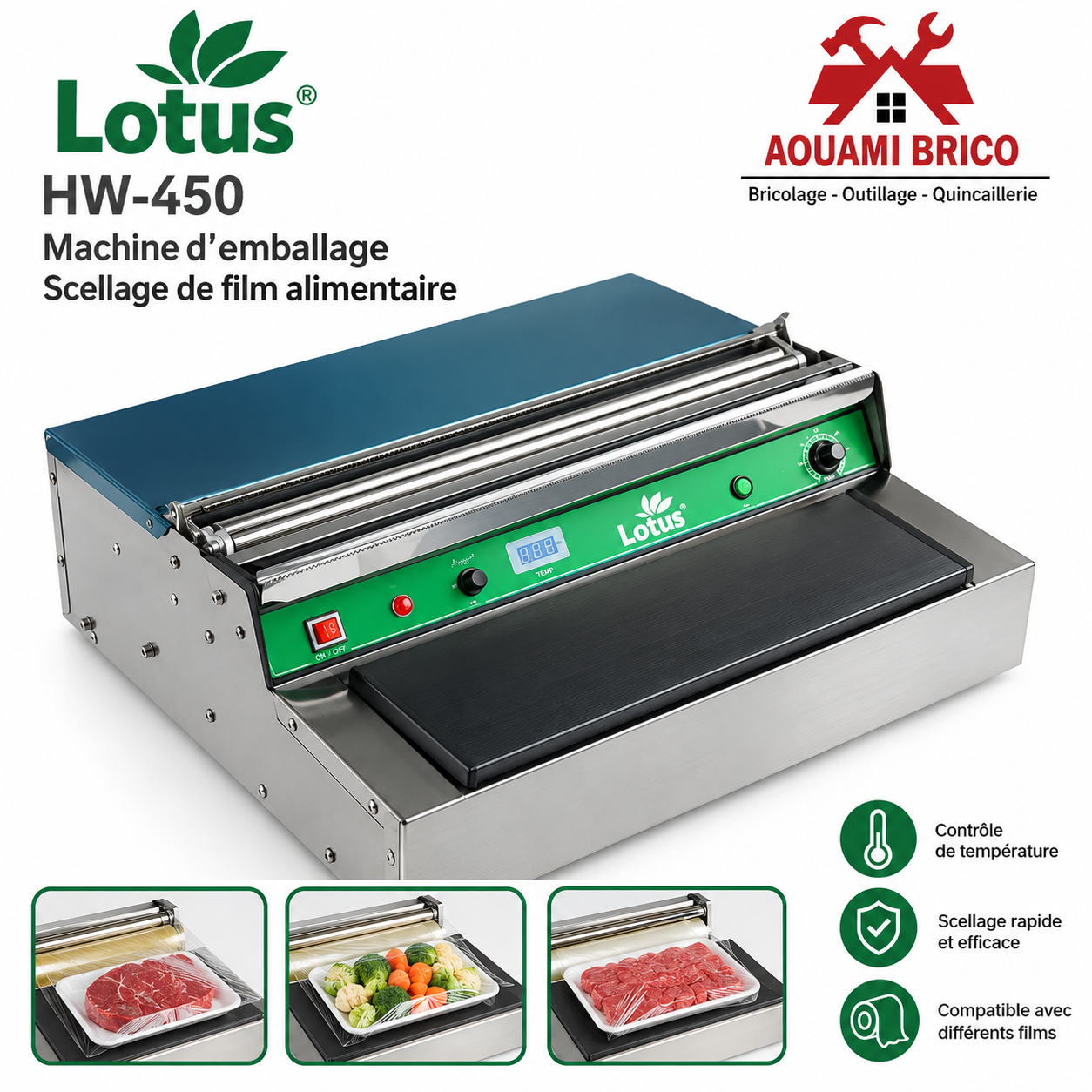 Machine d’emballage sous film alimentaire Lotus HW-450 – Filmeuse professionnelle pour boucherie