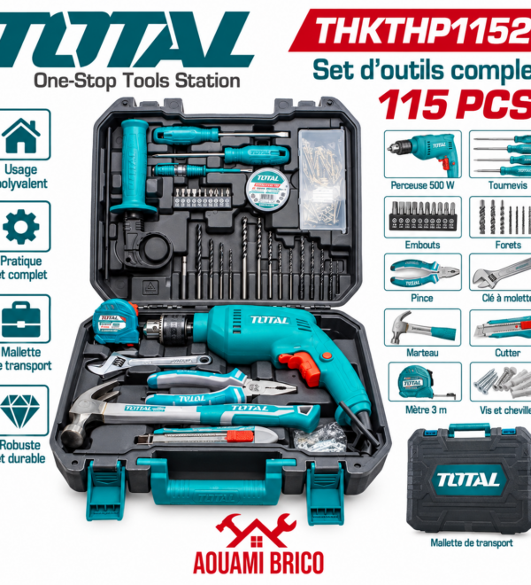 Coffret d’Outils TOTAL 115 Pièces avec Perceuse à Percussion 680 W