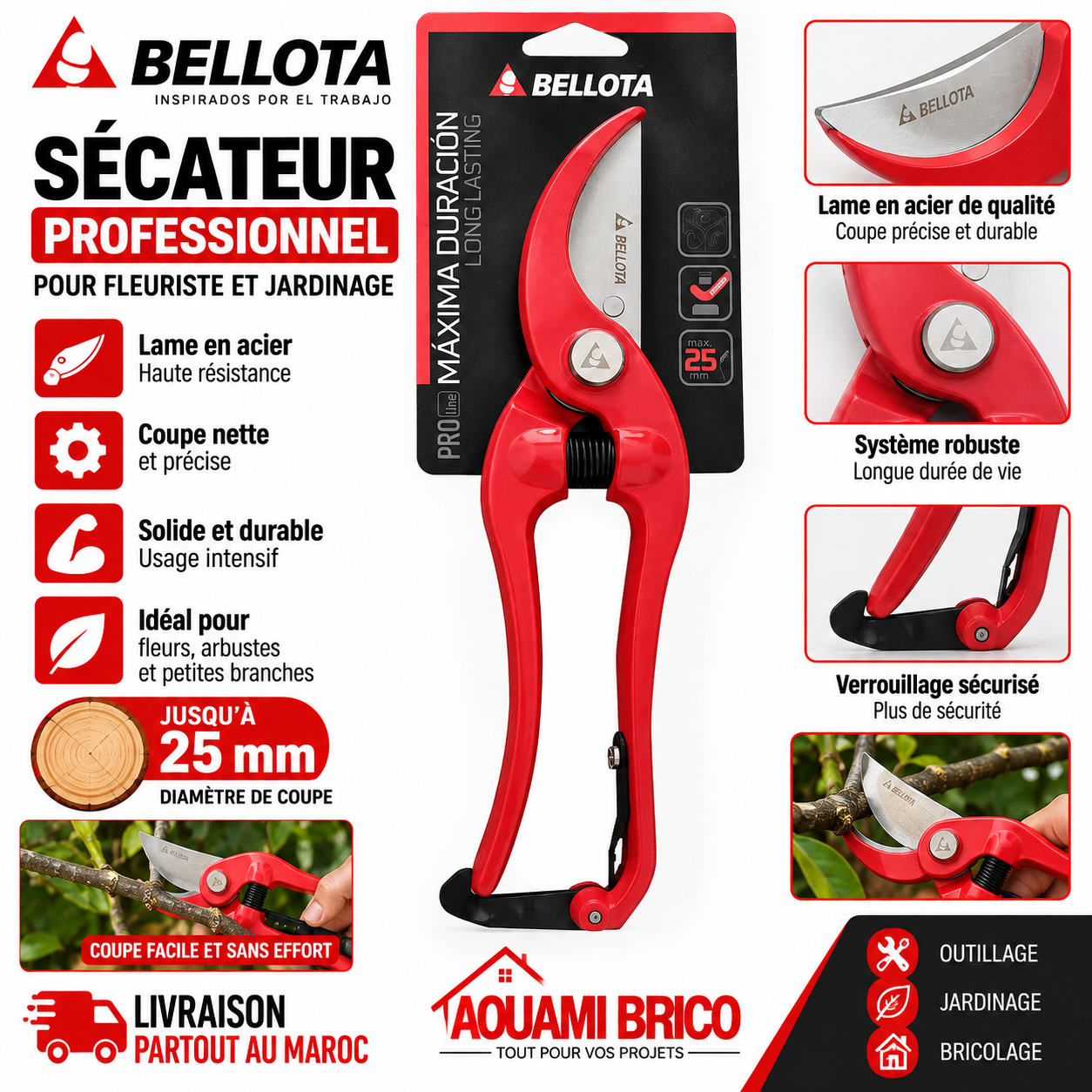 Sécateur Professionnel BELLOTA Proline – Coupe 25 mm, Poignée Ergonomique