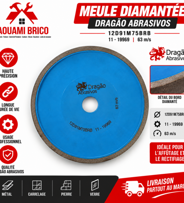 Meule Abrasive DRAGAO 12D91M75BRB – Réf. 11-19969, Vitesse Max. 63 m/s