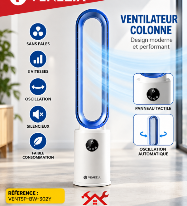 Ventilateur Colonne Sans Pales VENEZIA 50 W – Purificateur d’Air avec Télécommande