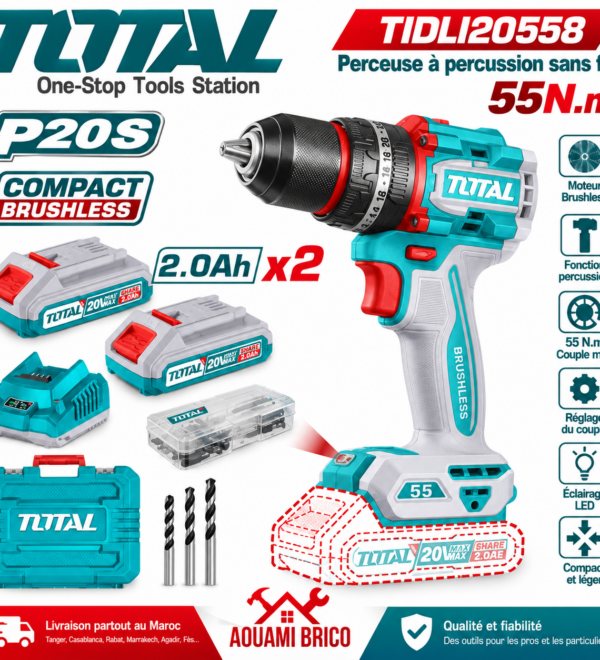 Perceuse à Percussion Sans Fil TOTAL 20 V Brushless 55 Nm – 2 Batteries